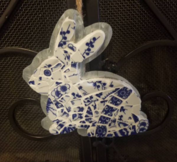 Blue Broken China Mosaic Easter Bunny Ornament