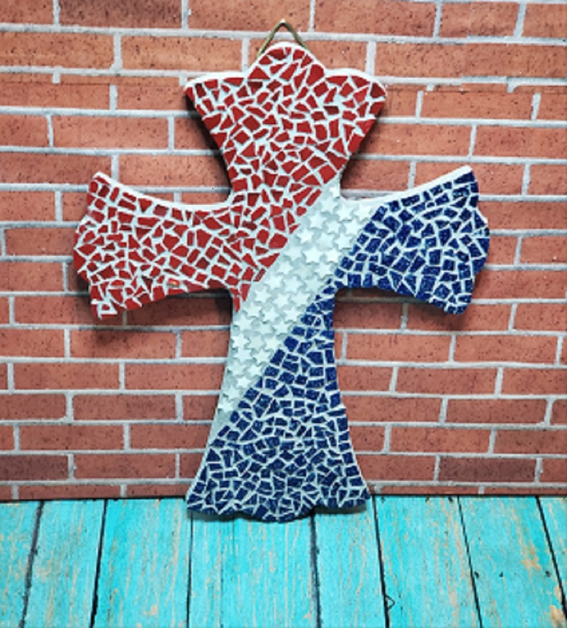 Patriotic Mosaic Cross Red White and Blue
