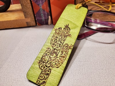 bright green zentangle cactus wooden bookmark hand burned