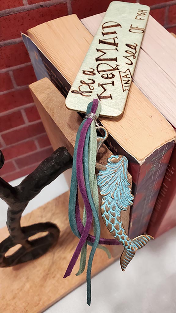 blue mermaid book mark with charm wood burned be a mermaid in a sea of fish